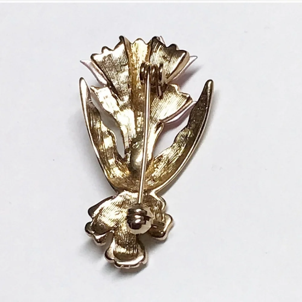 Vintage Floral Tulips Bouquet Pink and White MOP Goldtone Brooch Pin
